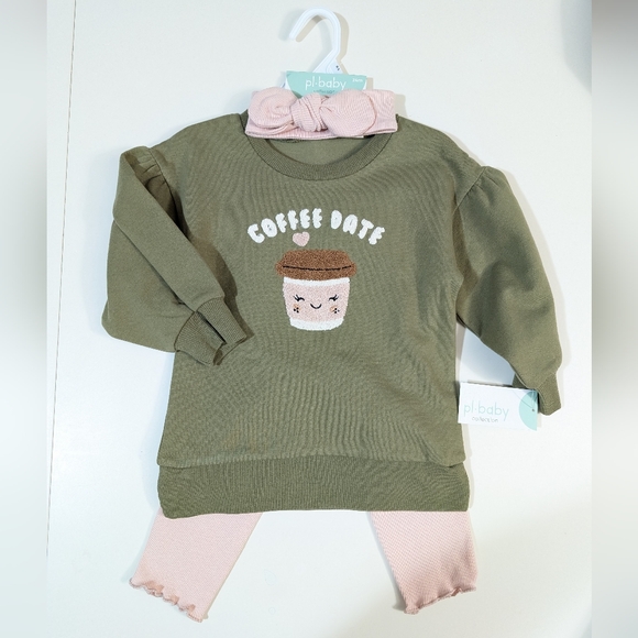 PETIT LEM, "Coffee Date" sweatshirt set, Green & Pink, Size 24 Months - Picture 2 of 8